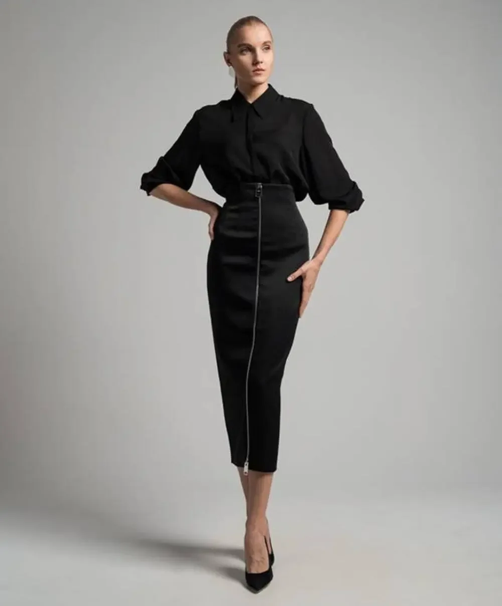 Khaite Ruddy Pencil Zip Front Midi Skirt in Black 2